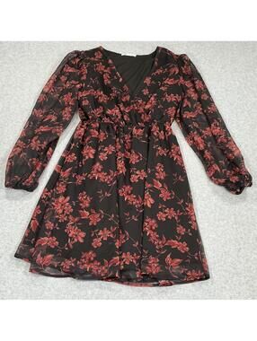 Cupshe Black Floral Long Sleeve Wrap Mini Dress Size S